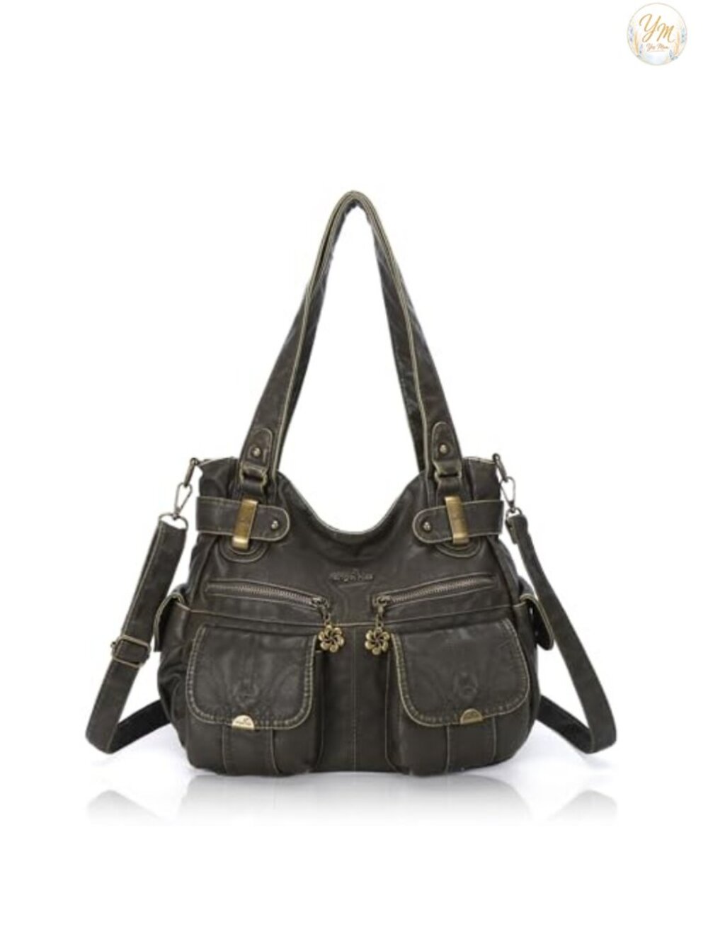 Designer Handbag Large Double Zipper Multi Pocket Washed PU Leather Purse